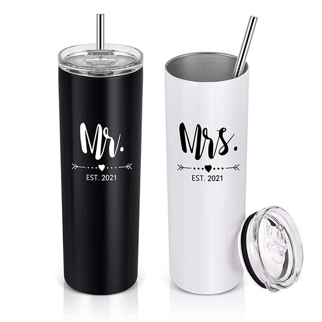 Mr and Mrs EST 2021 Stainless Steel Skinny Tumbler Set, Insulated Travel Tumbler, Gifts for Newlyweds Couples Wife, Wedding Engagement Anniversary, 20oz Slim Water Tumbler with Lid, Black and White