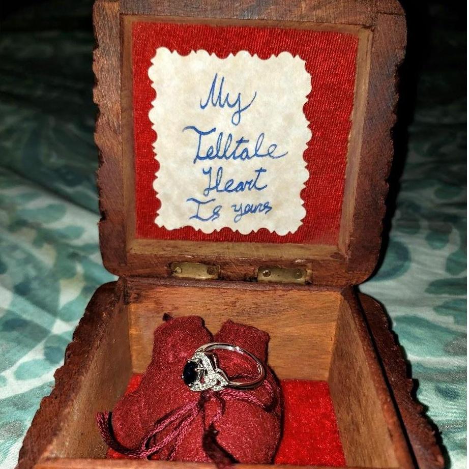 The beautiful ring box Eddie picked out complete with an anatomical heart ornament.