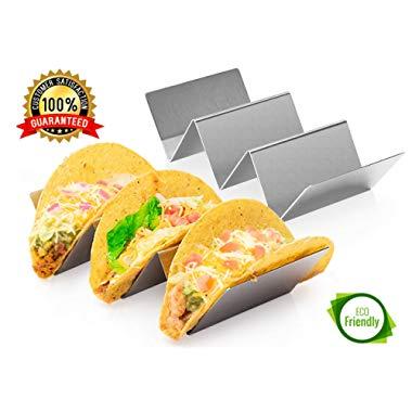 2 Pack Stainless Steel Taco Holder Tray, Taco Truck Stand Holds Up To 3 Tacos Each as Plates, Use as a Shell Baking Rack - Safe for Dishwasher, Oven, and Grill, Holders Size 8" x 4" x 2"