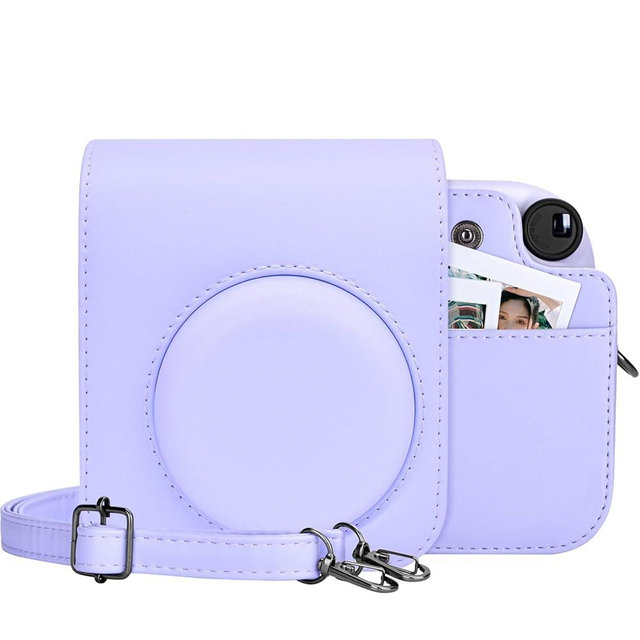 MUZIRI KINOKOO Protective Case for Instax Mini 12 Instant Camera - PU Leather Mini 12 Camera Carrying Bag with Photo Pocket & Adjustable Shoulder Strap - Lilac Purple