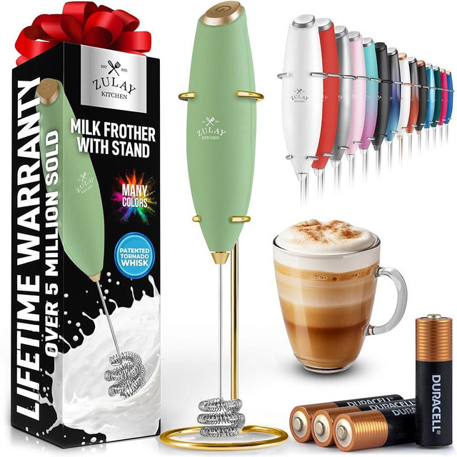 Zulay Kitchen Patented Tornado Triple Whisk Milk Frother with 4 Duracell Batteries – Handheld Foam Maker for Coffee, Lattes, Matcha & Hot Chocolate – Rich, Creamy Froth in Seconds