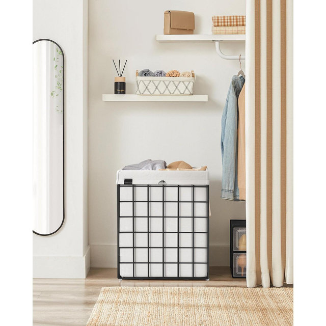 SONGMICS Laundry Hamper, 23.8 Gal. Laundry Basket, Collapsible Clothes Hamper, Removable and Washable Liner, Metal Wire Frame, Cream White