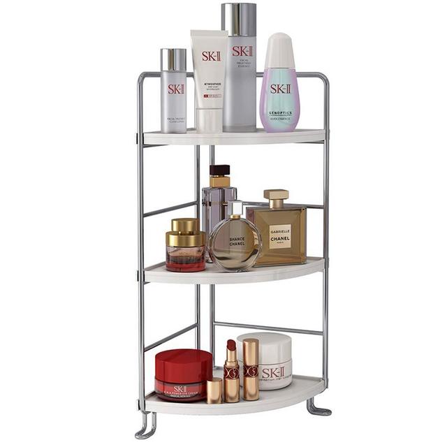 3-Tier Corner Spice Rack Kitchen Bathroom Countertop Organizer Vanity Tray Cosmetic Makeup Storage Standing Shelf, Silver