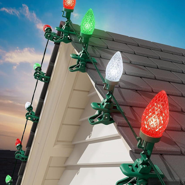 C9 LED Christmas Lights Outdoor, 99 Feet 150 LED C9 String Light with 150 Spring Clips, Waterproof Connectable Christmas Tree Lights for Outside Roofline Patio Home Xmas Decor, Red Green Pure White