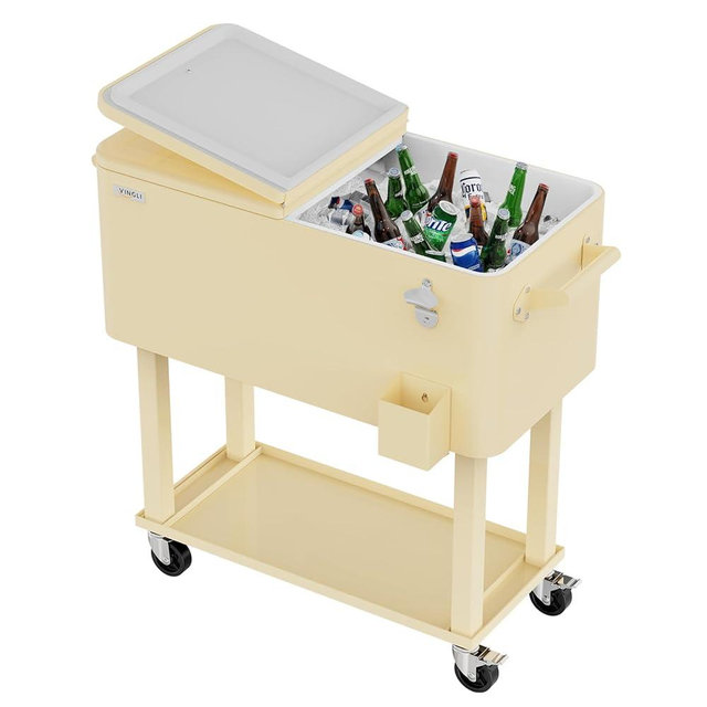 VINGLI 80 Quart Rolling Ice Chest, Portable Patio Party Bar Drink Cooler Cart, with Shelf, Beverage Pool with Bottle Opener