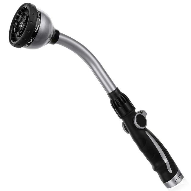 RESTMO Watering Wand, Metal Heavy Duty Garden Hose Wand with 10 Spray Patterns, 15-Inch Long Hose Nozzle Sprayer with Thumb Flow Control, Ideal to Water Hanging Baskets and Shrubs, Silver
