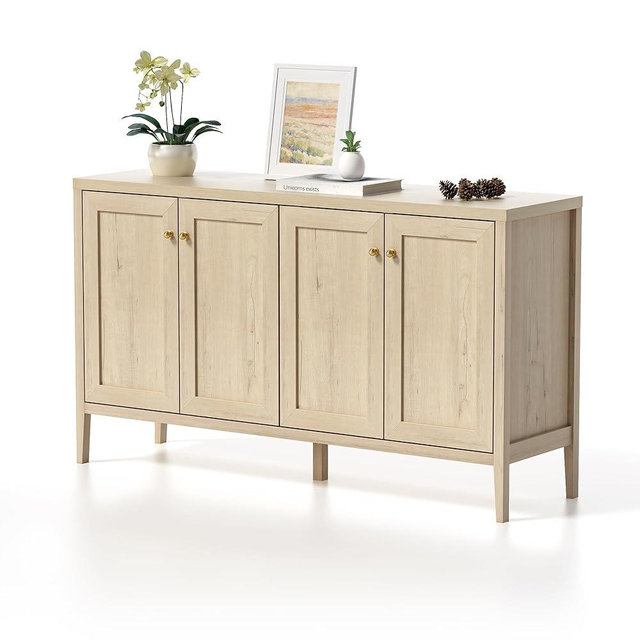 EYYTHUNG Farmhouse Sideboard Buffet Cabinet with 4 Doors, Storage Cabinets with Adjustable Shelves Accent TV Stand Cabinet Console Table Credenza for Living Room Kitchen, Light Oak