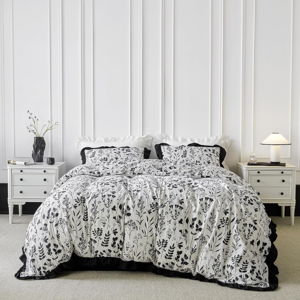 Black Botanical Ruffle Duvet Cover Queen 100% Cotton 3 Pcs Set 1 Black and White Flower Duvet Cover with Zipper Ties 2 Pillow Shams Vintage Decorative Floral Print Bedding Set Soft