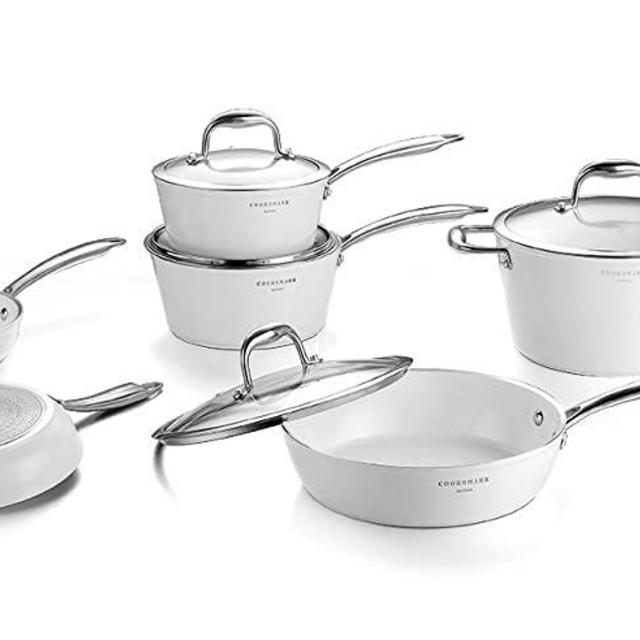 Cook Code Swan 10-Piece Ceramic Nonstick Induction Cookware Set, Oven Safe PTFE/PFOA-Free, Non-Toxic Pots and Pans Set with Glass Lids, Dishwasher Safe, White