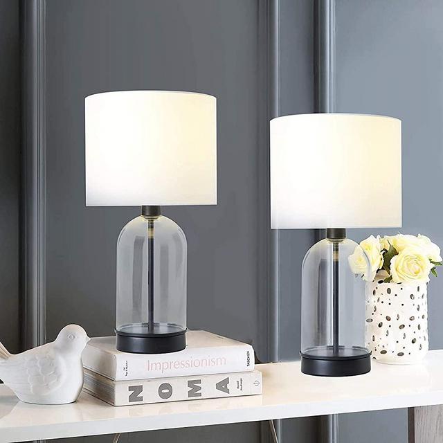 Berliget Set of 2 Glass Shade Table Lamps, Bedside Nightstand Lamps Desk Lamp with Black Metal Base for Bedroom, Living Room, Reading Room