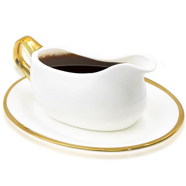 Nexboraque 14 oz Gravy Boat with Tray, White Ceramic Sauce Boat with Gold Trim Ergonomic Handle and Dripless Lip Spout for Creamer, Broth, Black Pepper, Salad Dressings