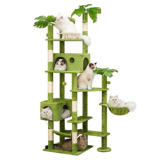 Meecal 77in Large Cat Tower for Heavy Duty Big Cats, Tall Cat Tree with Leaves - Scratching Post, Two Cat Condos, Soft Hammocks, Padded Perches & Dangling Balls, Green