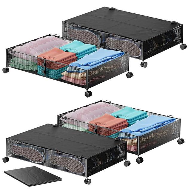 MURBONE Under Bed Storage with Wheels Containers Shoe Storage Organizer Drawer, Metal Foldable Under Bed Drawers on Wheels for Shoes, Clothes, Toys, Blankets (4 Pack)