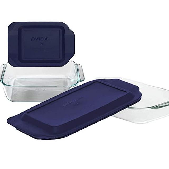 Pyrex Basics Clear Glass Baking Dishes, 1 (3 Quart) Oblong Dish and 1 (2 Quart) Square Dish with Blue Plastic Lids