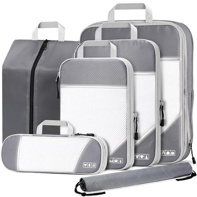 Kolvoii Compression Packing Cubes, 6 Set Packing Cubes for Travel Essentials, Ultralight Expandable Packing Cubes for Carry on Suitcase with Underwear Bag & Shoe Bag-Grey
