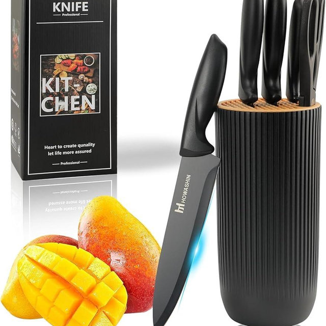Howashin Knife Set, 6-Piece Black Professional Stainless Steel Knives Set for kitchen with Universal Knife Block - Non-Stick Sharp Blade Chef Knife Set with Cylindrical Knife Block for Gift.