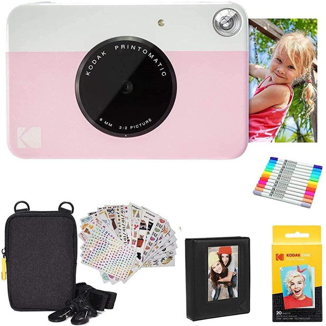 Kodak Printomatic Instant Camera (Pink) Gift Bundle + Zink Paper (20 Sheets) + Deluxe Case + 7 Fun Sticker Sets + Twin Tip Markers + Photo Album + Hanging Frames, AMZRODOMATICK3PK