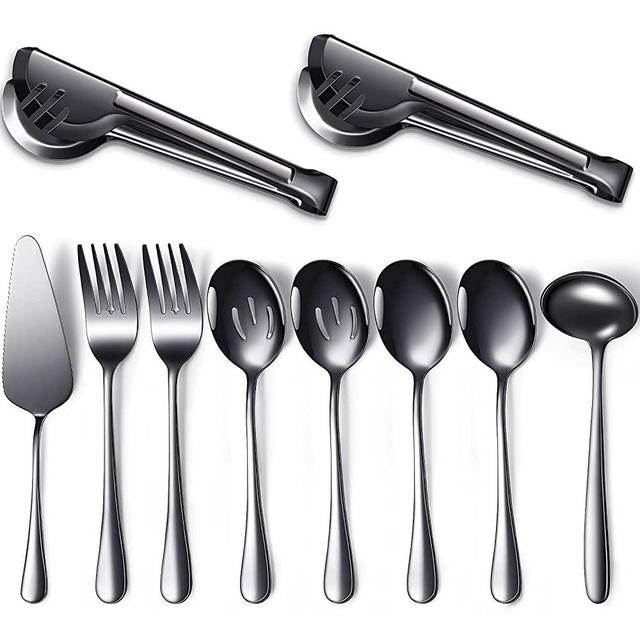 Serving Utensils Include Large Serving Spoons Slotted Serving Spoons Serving Forks Serving Tongs Soup Ladle and Pie Server Buffet Catering Serving Utensils for Dishwasher Safe (Black, 10)