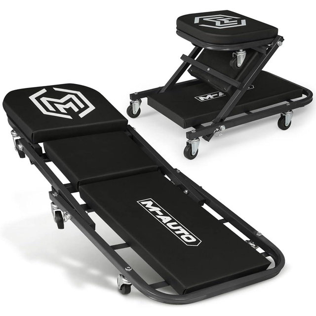 M-AUTO 40-Inch Folding Creeper Rolling Seat, All-in-One Adjustable Roller Garage Chair, Lay Down or Sit, 330LBS Capacity Under Car Roller Creeper with 6 Swivel Casters, Black