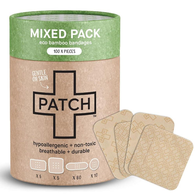 PATCH 100 Piece Value Pack Mixed Sizes - Eco-Friendly Bamboo Bandages for Cuts & Scratches, Hypoallergenic Wound Care for Sensitive Skin, Compostable & Biodegradable, Latex Free, Plastic Free