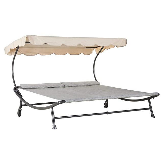Monkey Patio Outdoor Double Chaise Lounge Daybed with Adjustable Canopy and Headrest Pillow, Patio Wheeled Hammock, Poolside, Sunroom Lounger Beige, 6.6'L x 6.5'W