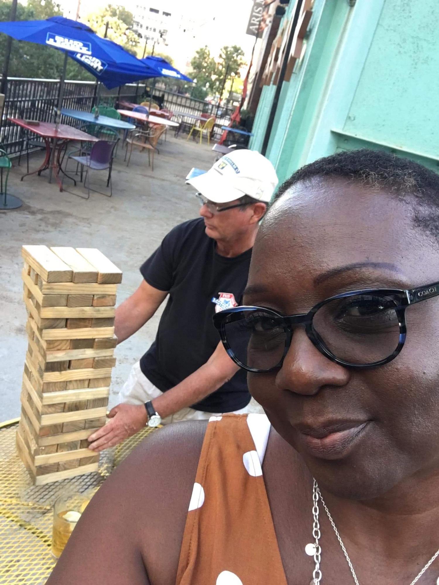 Setting up for Jenga. At a restaurant and bar in Downtown Houston.
