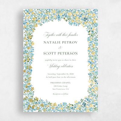 Blue Floral Wedding Invitation - Lunette Classic Foil