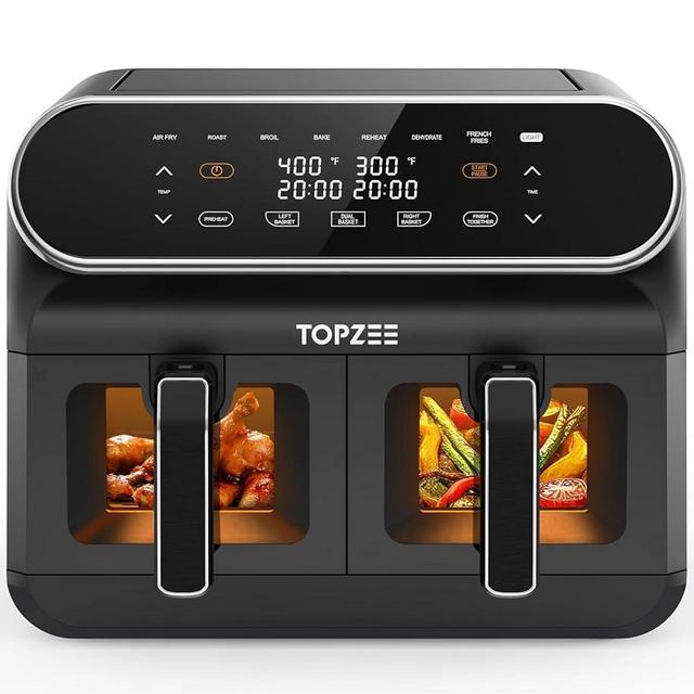 TOPZEE 8 Quart Large Air Fryer - Dual Basket Airfryer with Easy View Windows, Preheat, Air Fry, Roast, Broil, Bake, Dehydrate, 2 Independent 4 QT Nonstick Dishwasher Safe Baskets, Black