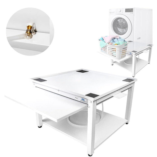 EZ Laundry Laundry Pedestal for Washer and Dryer | 27-Inch Stand with Shelf | Elevates 18" | Includes Drain Pan & Hose, Adjustable Feet Fits All 27" Wide Washer/Dryer Brands - (White with Shelf)
