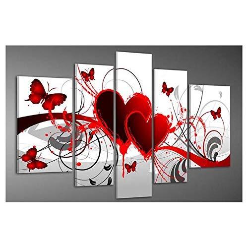 Wieco Art Red Flower Love Butterfly Abstract Oil Paintings on Canvas Wall Art Ready to Hang for Living Room Bedroom Home Decorations Modern 5 Panels Stretched and Framed 100% Hand Painted Artwork