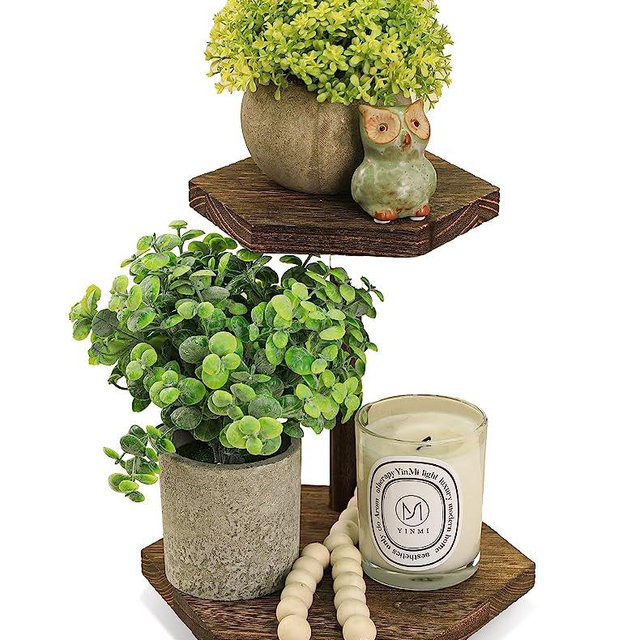 Tikea Hexagonal Wood Riser for Display, 2-Tier Rustic Wood Pedestal Stand for Kitchen Bathroom Counter Decor, Decorative Tray for Soap Dispenser, Candle and Plant