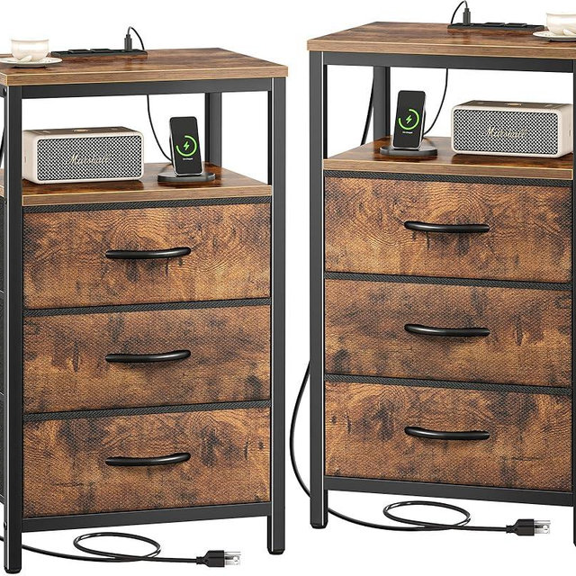 Huuger Nightstands Set of 2, 27.6 Inch End Tables with Charging Station, Side Tables with Fabric Drawers, Bedside Tables with USB Port and Outlet, Night Stands for Bedroom, Rustic Brown