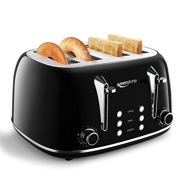 Toasters 4 Slice, Keenstone Retro Stainless Steel Bagel Toaster with Wide Slots, Black