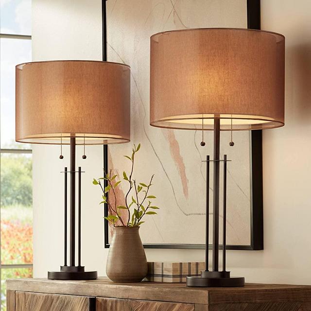 Howell Modern Contemporary Industrial Table Lamps 30" Tall Set of 2 Open Profile Bronze Metal Tan Double Drum Shade for Living Room Bedroom House Bedside Nightstand Home Office - Franklin Iron Works