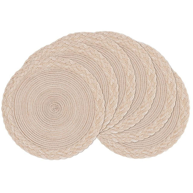 SHACOS Round Placemats Set of 6 Woven Braided Border Table Mats Washable Heat Resistant 15 inch Circle Place Mats for Dining Table, Beige