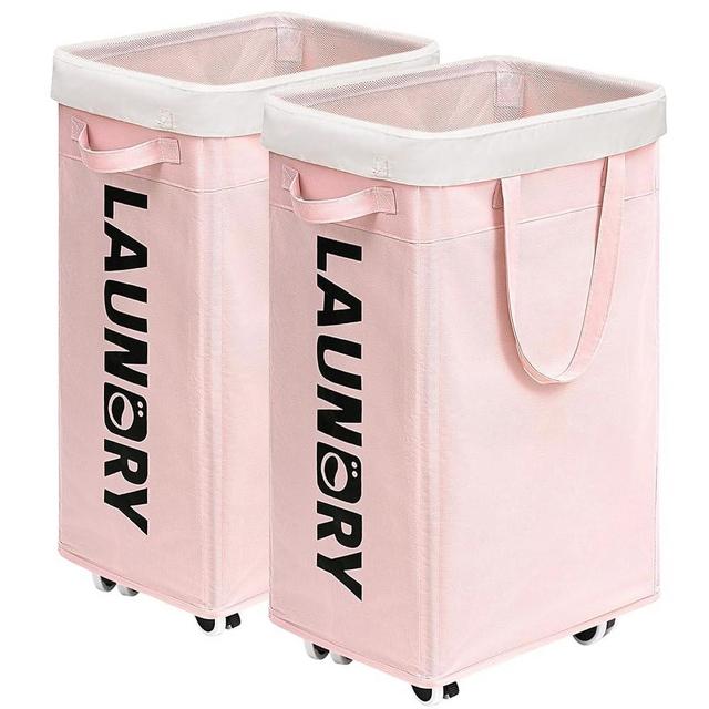 Goodpick Pink Laundry Baskets with Wheels 2-Pack, 75L Rolling Laundry Basket with Removable Wash Bags, Large Laundry Hamper for Corner Dorm, Collapsible Laundry Basket on Wheels