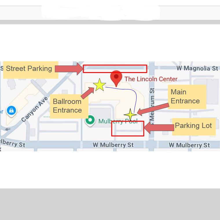 Free parking is available in the lot off W Mulberry St or along W Magnolia St. Guests may enter through either the Main Entrance or the Ballroom Entrance.