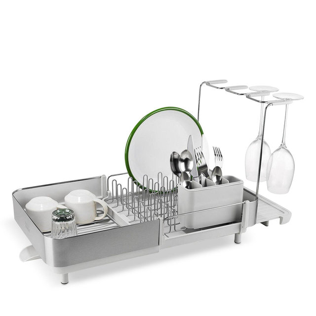 Joseph Joseph Extend Steel Plus Expandable Dish Rack with Wine Glass Holder - Light Stone