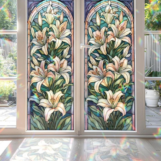 Lilies Stained Glass Window Film, Decorative Lilies Stained Glass Window Film, Lilies Stained Glass Window Film for Bathroom Shower Door Heat Anti UV