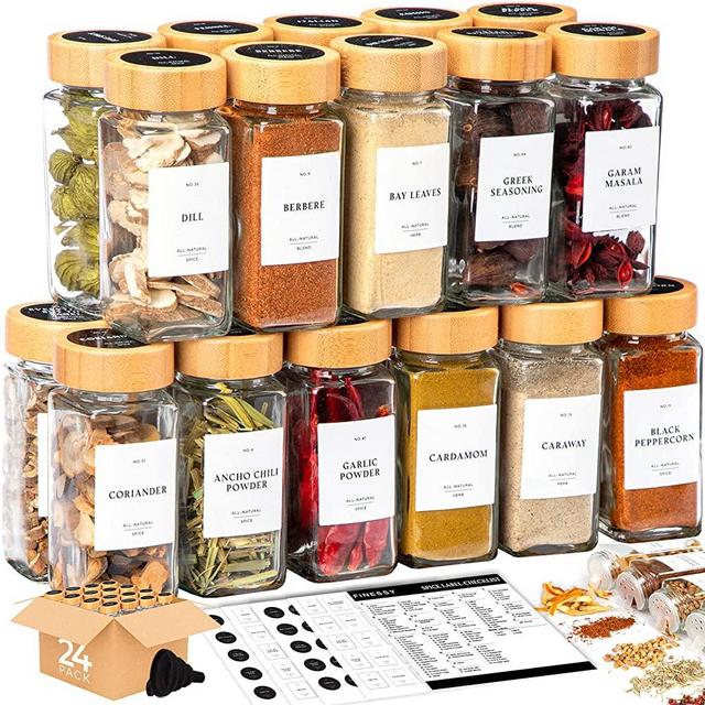 Spice Jars With Label and Organizer Bamboo Lid, Seasoning Organizer Spice Containers Labels Spice Bottles, 24 pcs Empty Glass Spice Jars Labels Seasoning Containers Seasoning Jars Spices Container Set