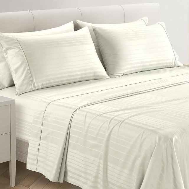 Casa Platino 100% Cotton Sheets Queen Size Set - 6 Pcs (1 Flat, 1 Fitted, 4 Pillowcases) - Striped 500 TC - Ultra Smooth, Gentle on Skin, Sateen Weave Bed Sheets Set with 15" Deep Pockets - Ivory