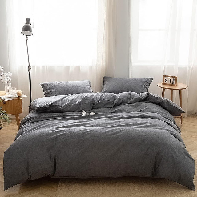 FACE TWO FACE Bedding Duvet Cover Set 3 Pieces 100% Washed Cotton Duvet Cover Linen Like Textured Breathable Durable Soft Comfy (King, Gray)