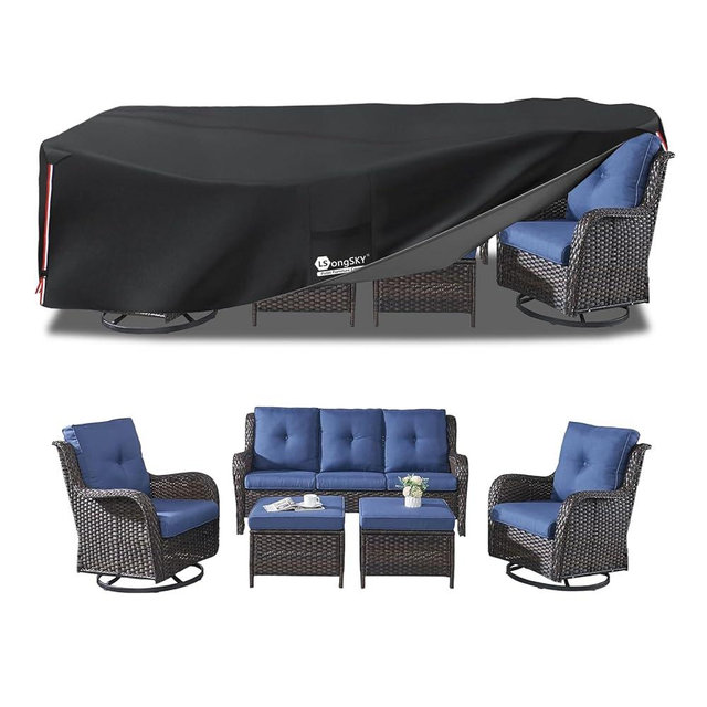LSongSKY Outdoor Furniture Covers Waterproof,600D Heavy Duty Patio Furnitures Covers for 6/7/8 PCS Sets Sectional Sofa Couch Rocking Swivel Chairs Ottomans Coffee Table,126L x 74W x 28H inch Black