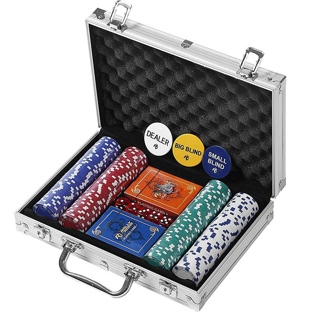 Rally & Roar Professional 200, 300 or 500 Chips (11.5g) Poker Set with Case - 3 Options - Complete Poker Playing Game Sets with Casino Style Chips, Cards, Dice, Aluminum Color Case & Keys