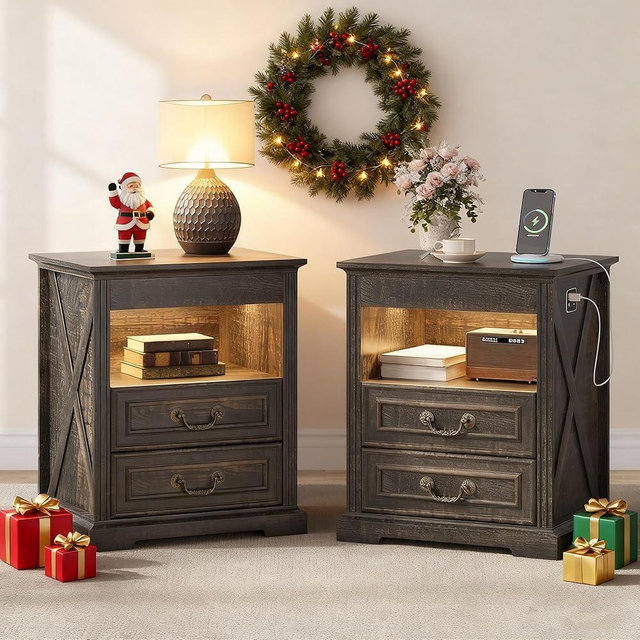 Dystler Night Stand Set 2 with Gun Drawer, Bedside Tables with LED Light & Human Sensor, Nightstands Gun Safe with 2 Drawers for Bedroom, Farmhouse End Table with Charger Station, Rustic Brown