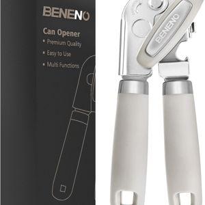 Beneno Can Opener Manual with Magnet, Hand Held Heavy Duty Can Opener with Durable Sharp Blade Smooth Edge, Big Effort-Saving Knob, Soft Grip Rubber Handle, Multifunctional Bottle Opener, Beige