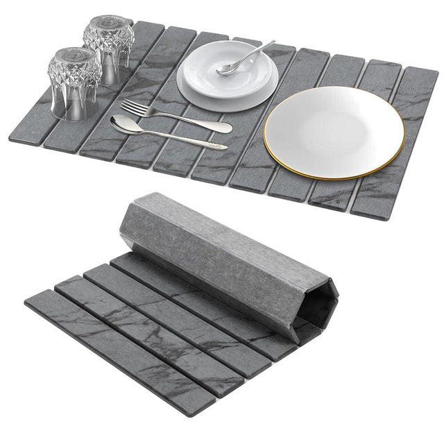 DomiViStar Large Collapsible Stone Dish Drying Mat, 24"×16",Heat-resistant Mat for Kitchen Counter,Instant Drying,Fast Dry Pad for Utensils,Pots and Bottles,Diatomaceous Earth Mats,DarkGray Marble