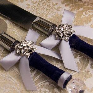 Navy and Silver Cake Cutting Set Engraved Wedding Cake Serving Set Navy Blue Wedding Cake Server Set Personalized Wedding Knife Set