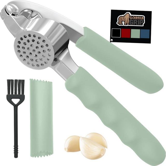 GORILLA GRIP Garlic Press and Peel Set, Heavy Duty Mincer Tool, Easily Mince and Crush Garlics, Ginger, Nuts, Seeds, Large Ergonomic Handle, Peeler Included, Peeling Cloves, Kitchen Gadgets, Mint