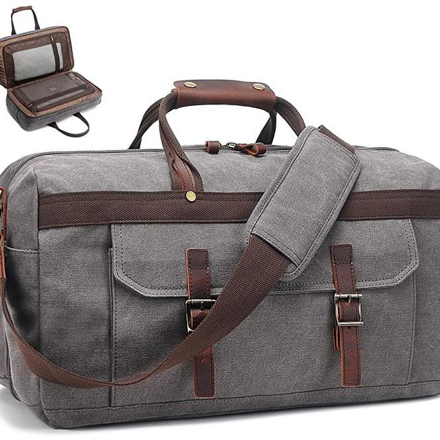 Duffle Bag for Men Waterproof Genuine Leather Canvas Travel Duffel Bags for Women Overnight Weekender Bag for Traveling, Grey